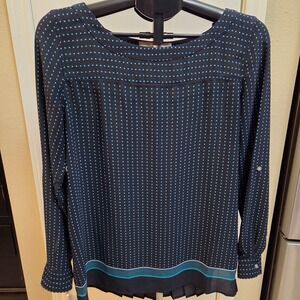LOFT Navy Blue Teal Square Dot Pleated Back Roll Tab Sleeve Blouse Small 411284